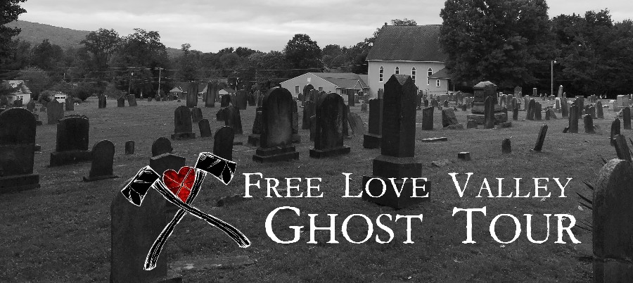 Free Love Valley Ghost Tour The text "Free Love Valley Ghost Tour" with a rendering of two crossed axes and a broken heart. In the background is a churchyard.